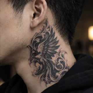Black and grey ornamental phoenix neck tattoo