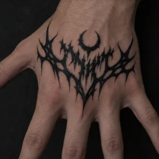 Blackwork gothic lettering and crescent moon hand tattoo
