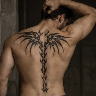 Blackwork tribal wing design spine and upper back tattoo