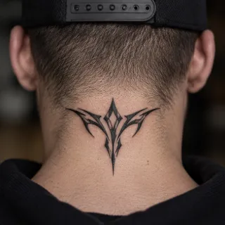 Blackwork tribal style geometric neck tattoo