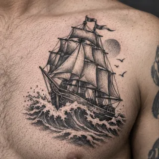 Blackwork sailing ship on stormy ocean chest tattoo