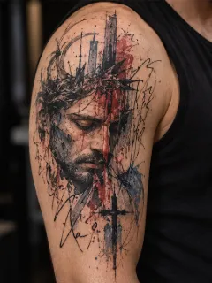 Watercolor portrait of jesus with crown of thorns shoulder tattoo